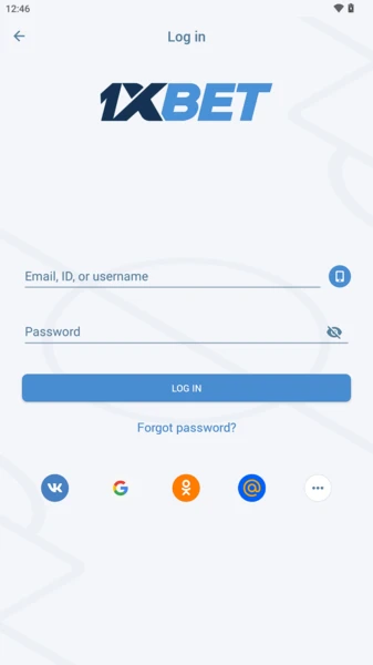 1xBet App Login Screen